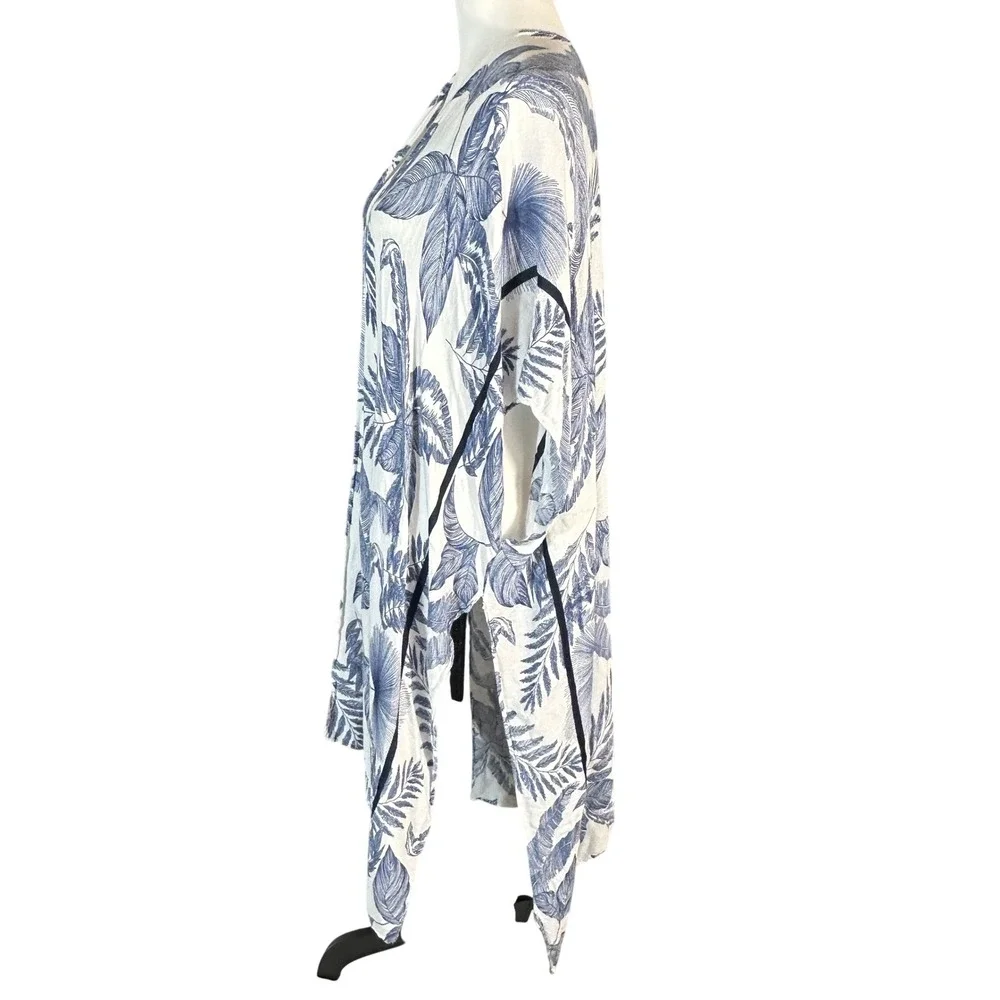 Janice Apparel Kimono Women One Size Blue White Tropical Palm Leaf Print Wrap